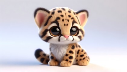 Obraz premium Charming baby ocelot with pink nose and golden coat sitting against isolated white background