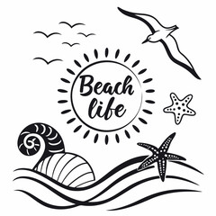Monochrome Beach Life Illustration With Seagulls Starfish Waves And Sun
