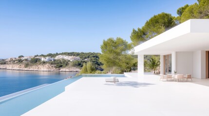 Fototapeta premium A modern, white villa features an infinity pool overlooking a calm sea. The minimalist design includes outdoor seating. High-resolution, bright lighting enhances the clean aesthetic. The image evok