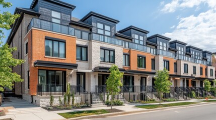 Obraz premium Contemporary residential area with minimalist townhouse layout and sharp structure.