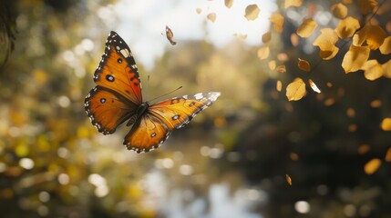 beautiful orange butterfly flying in air in wild nature, picturesque landscape