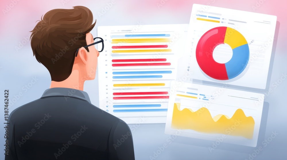 Poster man reviewing data charts and reports. digital illustration.