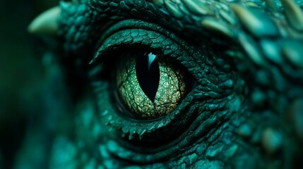 Obraz premium A delicate arrangement of intertwined reptilian scales surrounding a dazzling teal eye, embodying the concept of precise fragility and the awe-inspiring beauty of fauna