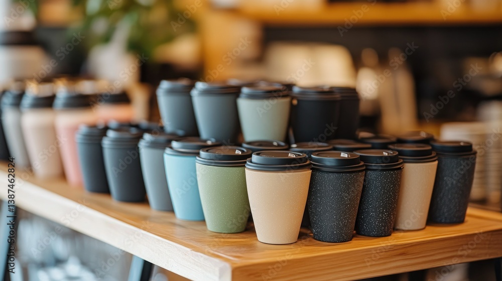 Aufkleber aesthetic display of reusable coffee cups in a cafe, neatly stacked with their matching lids