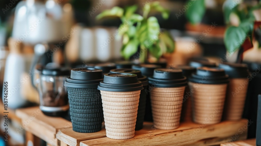 Poster aesthetic display of reusable coffee cups in a cafe, neatly stacked with their matching lids