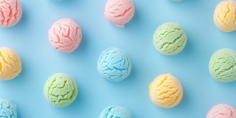 Multicolored ice cream balls on a blue background. Photo top view background.