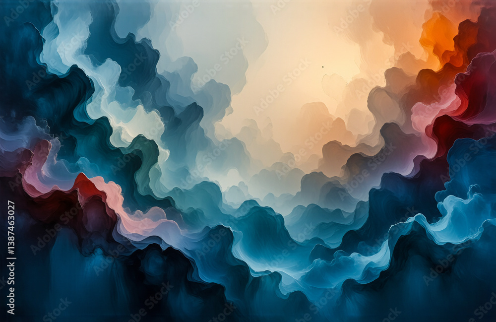 Aufkleber abstract art with swirling blues, oranges, and white. fluid and dreamy, like smoke or clouds in moti