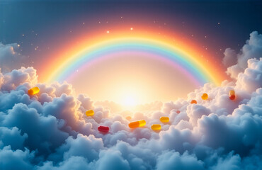 Vibrant rainbow arches over soft clouds, illuminated by bright light. Petals gently fall creating a peaceful, heavenly atmosphere.