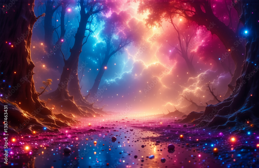 Aufkleber A vibrant magical forest with glowing trees and a path illuminated by colorful lights. Dreamy and fantastical scene.