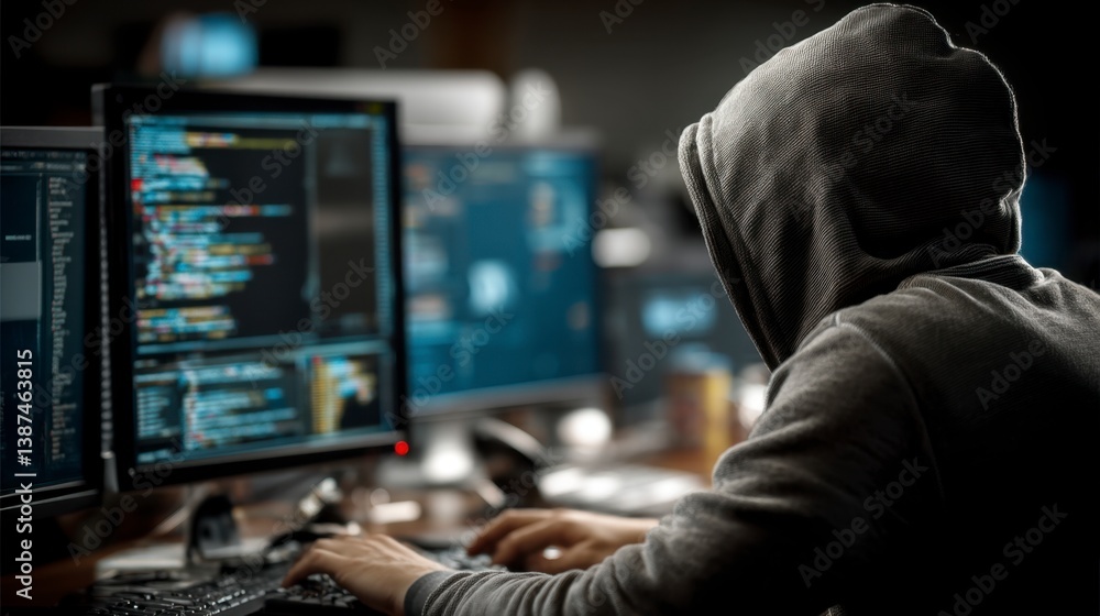 Poster person in a gray hoodie sits at a computer, working on code. dark background, multiple monitors disp