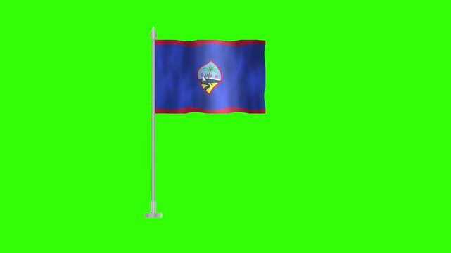 Flag of Guam, Pole flag of Guam on Green screen chroma key, Guam 3D Animation flag waving in the wind isolated on Green Background. 
