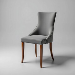 Grey Dining Chair with Sleek Lines and Wooden Legs Isolated on Grey Background