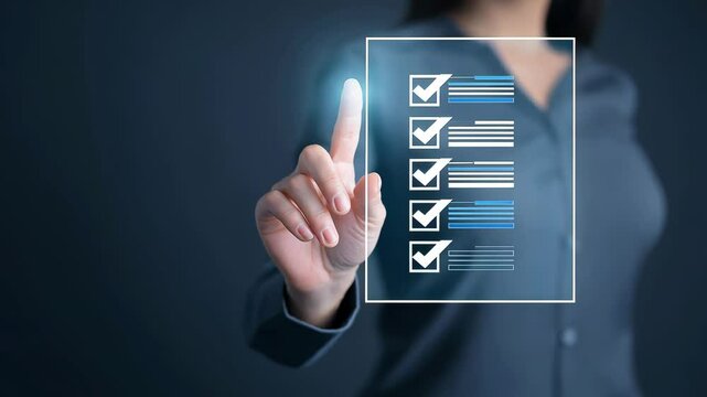 Checklist management. Businesswoman touching a digital checklist hologram. Online task management, productivity tracking, and goal setting in a futuristic interface, business video