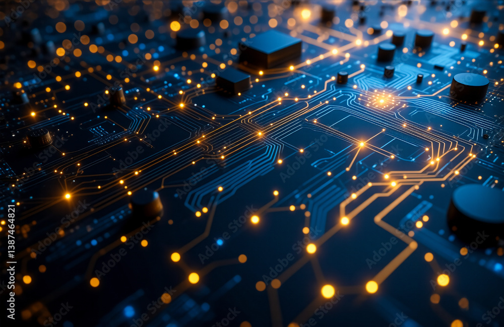 Aufkleber a detailed close-up showcases a blue circuit board illuminated with bright yellow lights, highlighti