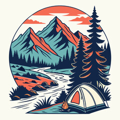 Camping Adventure Illustration With Mountain Views River And Tent For Outdoor Enthusiasts