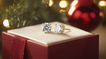 Elegant diamond earrings with gold accents positioned on a luxury gift box.