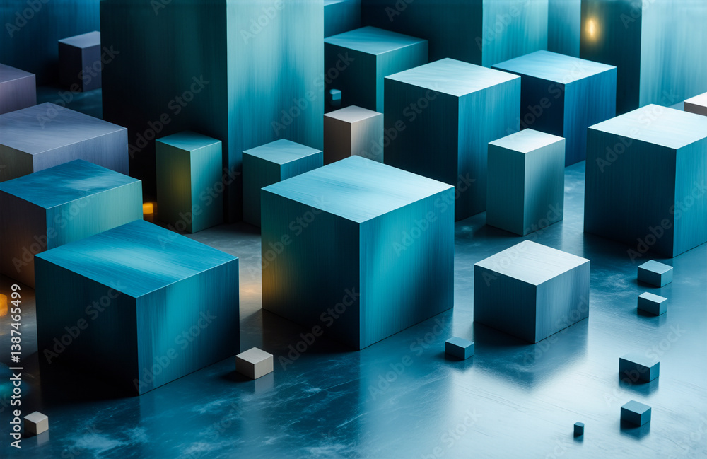 Poster abstract geometric arrangement featuring blue and purple cubes of different sizes. modern and minima