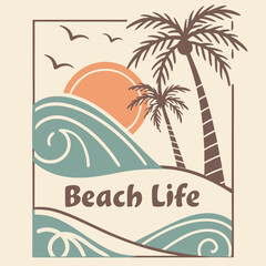 Vintage Beach Life Illustration With Palm Trees Sunset And Ocean Waves