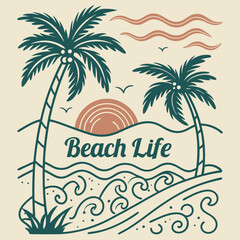 Tropical Beach Scene With Palm Trees Sunset And Waves Artistic Illustration