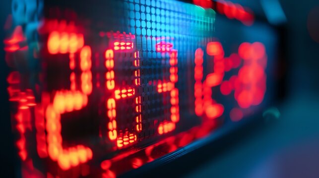 Red glowing numbers on a digital clock. The numbers are in a blue background. The clock is in focus and has a nice depth of field.