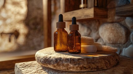 Elegant brown glass dropper bottles and transparent shampoo containers resting on a textured stone with a wooden accent, creating a natural aesthetic