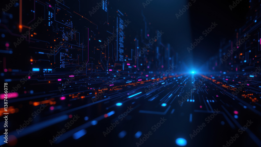 Poster cybersecurity network, digital tunnel with lights, secure data transfer.
