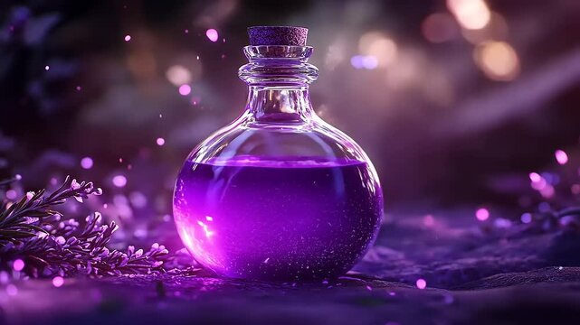 A mystical glass potion bottle filled with sparkling purple liquid, surrounded by enchanting foliage