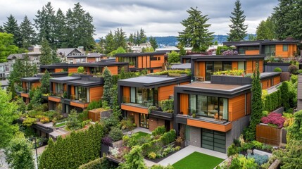 Obraz premium Elevated shot of modern townhouses with symmetrical rooftops and vibrant greenery.