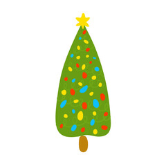 Christmas tree with decorations. Coniferous tree with festive garland. Fir-tree of simple shape. Simple vector illustration. Isolated on white background.