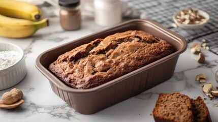 Freshly baked banana bread in a loaf pan, placed on a marble kitchen countertop, surrounded by baking ingredients
