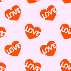Red heart with Love inscription inside. Seamless pattern. Love sign. Simple vector illustration.