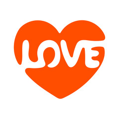 Red heart with the inscription Love inside. Love sign. Simple vector illustration. Isolated on white background.