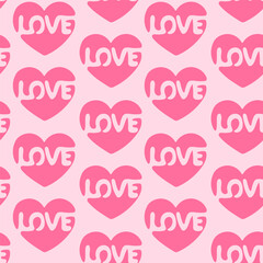Pink heart with Love inscription inside. Seamless pattern. Love sign. Simple vector illustration.