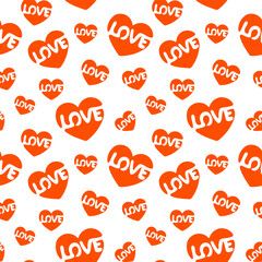 Red heart with Love inscription inside. Seamless pattern. Love sign. Simple vector illustration.