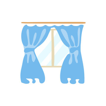 Curtain on the window. Blue curtains in cartoon style. Vector illustration isolated on white background.