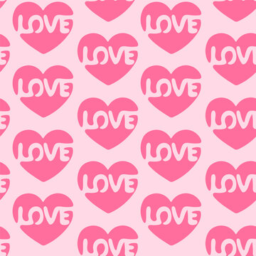Pink heart with Love inscription inside. Seamless pattern. Love sign. Simple vector illustration.
