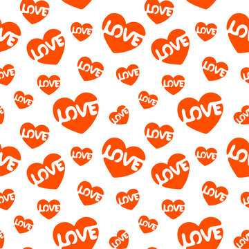 Red heart with Love inscription inside. Seamless pattern. Love sign. Simple vector illustration.