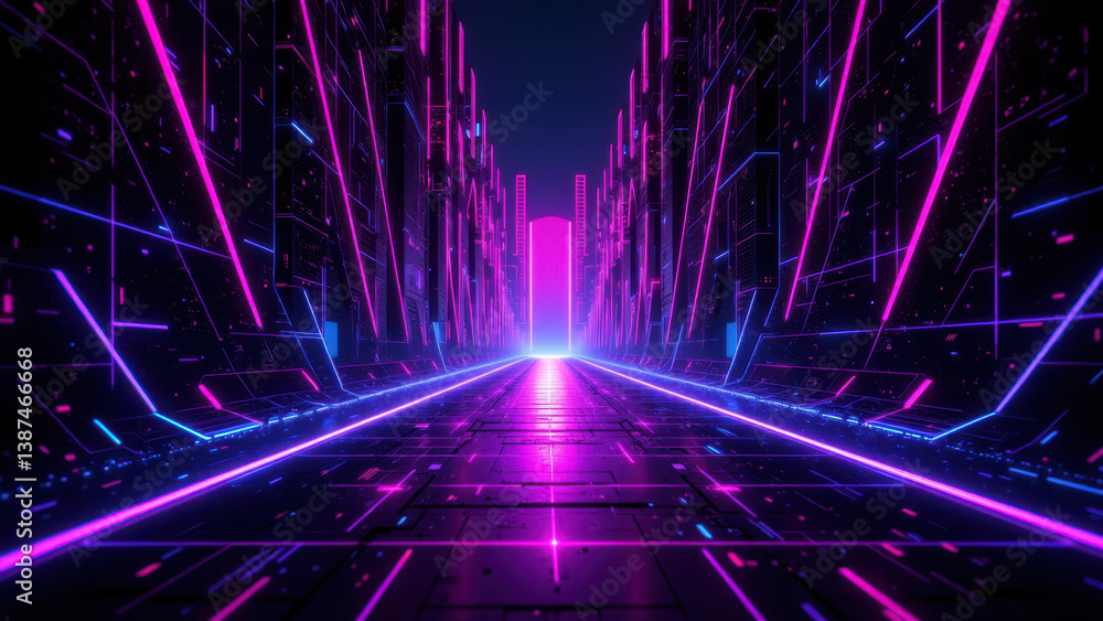 Aufkleber cybersecurity tunnel with neon lights and digital grid pattern.