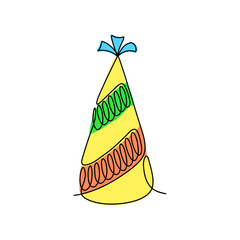 Continuous line drawing. Funny party hat. Colorful holiday cap. Symbol of the birthday. Simple color vector illustration isolated on white background.