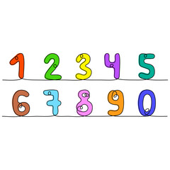 Continuous line drawing. Funny colorful numbers. Simple color vector illustration isolated on white background.