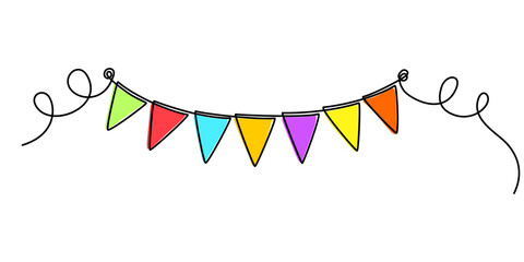 Continuous line drawing. Colorful buntings garland. Funny party flags. Symbol of celebration. Simple color vector illustration isolated on white background.