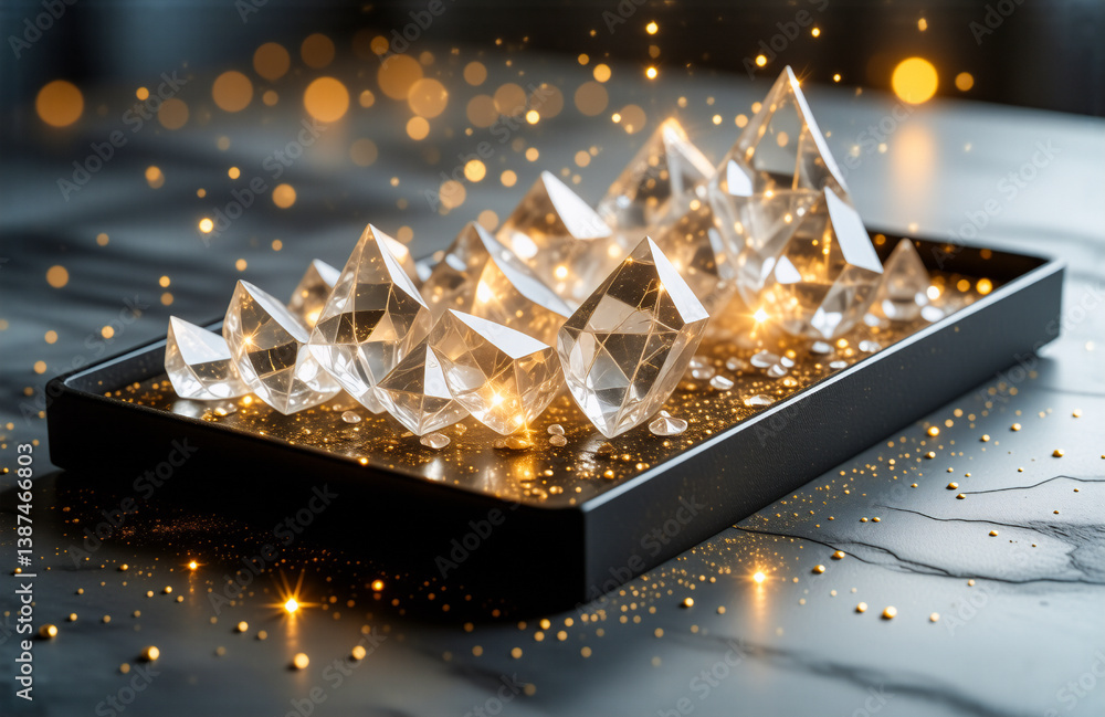 Poster clear crystal pyramids are elegantly arranged on a black tray, shimmering with golden sparkles again