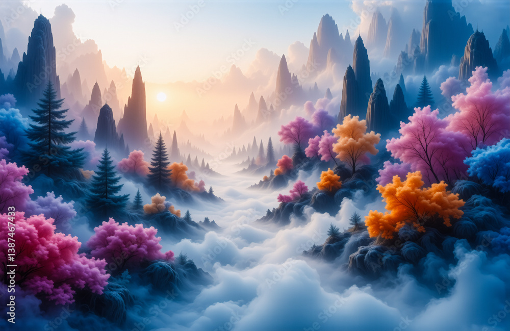 Poster dreamy landscape with vibrant trees and misty valleys under a soft, glowing sky. mountains rise in t