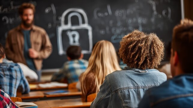 Classroom lecture on data security with a teacher drawing a lock on a chalkboard. Students attentively listen.