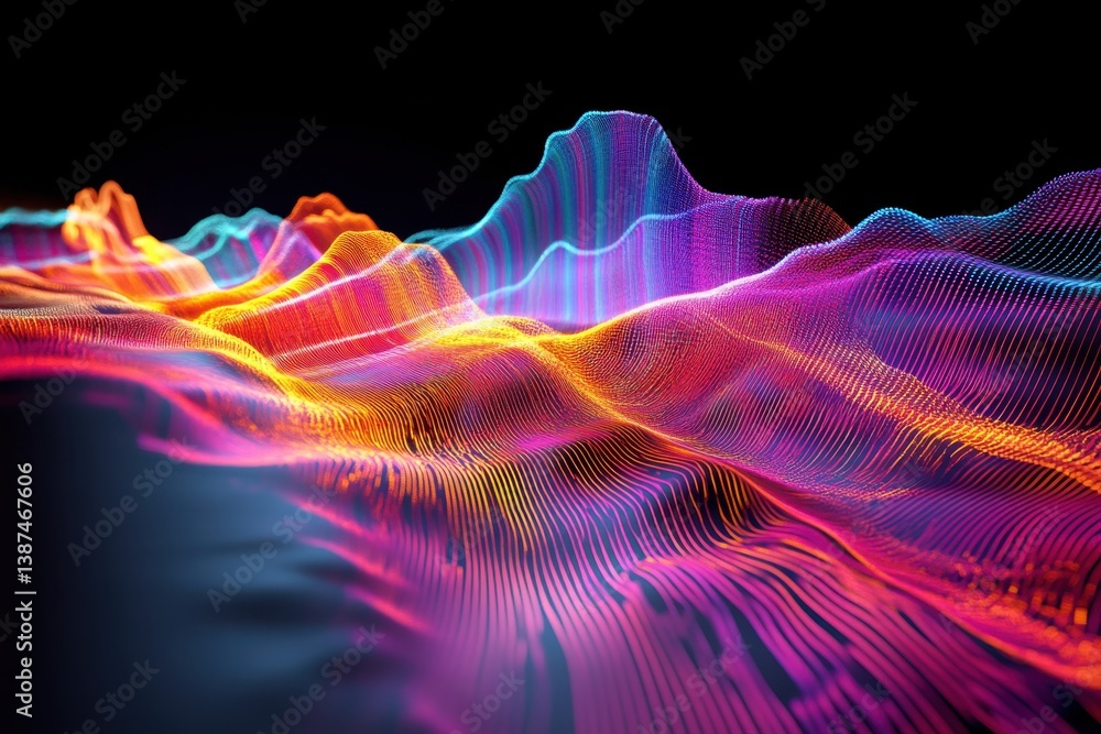 Poster colorful abstract wave patterns resembling sound frequencies in digital design
