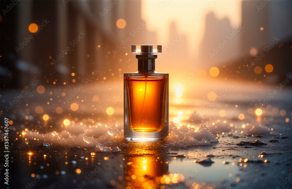 Poster elegant perfume bottle stands on a wet urban street, bathed in golden light. bokeh lights add a touc