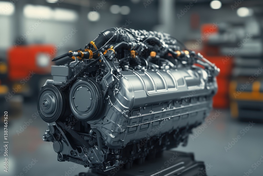 Poster high-performance engine displayed in a modern industrial workshop setting