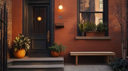 Front porch of a minimalist townhouse with a simple bench, potted plants, and a stylish exterior light fixture.
