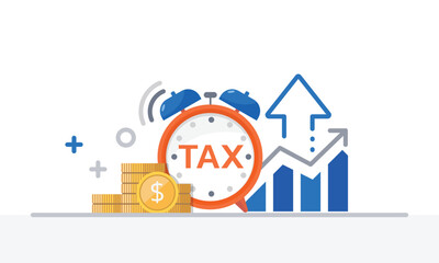 Naklejka premium Tax activities and money icon collection with colorful cartoon style including coin, dollar bill and saving. Flat vector illustration.