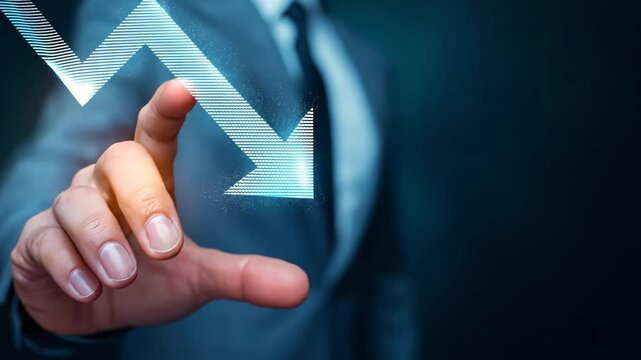 Cost optimization concept, Decline in product service, quality and efficiency, Businessman touching virtual downward arrow, business video